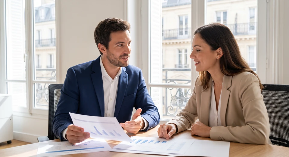 Un expert-comptable ou consultant en tenue professionnelle discutant avec un client assis à un bureau, documents comptables ou graphiques visibles, dans une atmosphère de travail collaboratif et bienveillante. L'expert regarde le client avec attention, expliquant un dossier ou un enjeu. La scène doit transmettre l'écoute, le conseil personnalisé et la confiance mutuelle dans un cadre professionnel de cabinet.