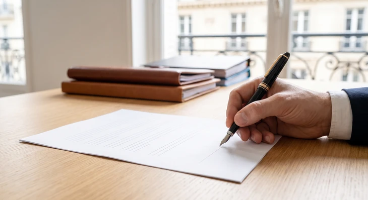 Homme d'affaires en costume sombre et chemise blanche signant des documents dans un bureau moderne